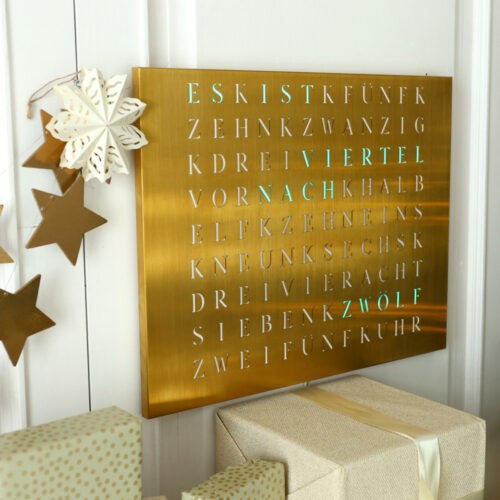 Wordclock Jupiter Edelstahl gelasert in Gold