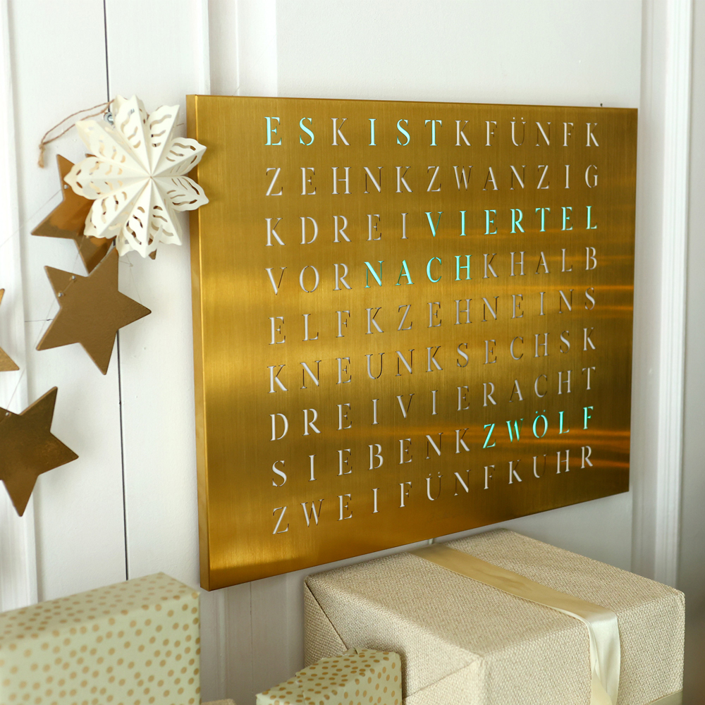 Wordclock Jupiter Edelstahl gelasert in Gold