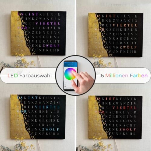 Wordclock Jupiter gelasert Schwarz mit Blattgold