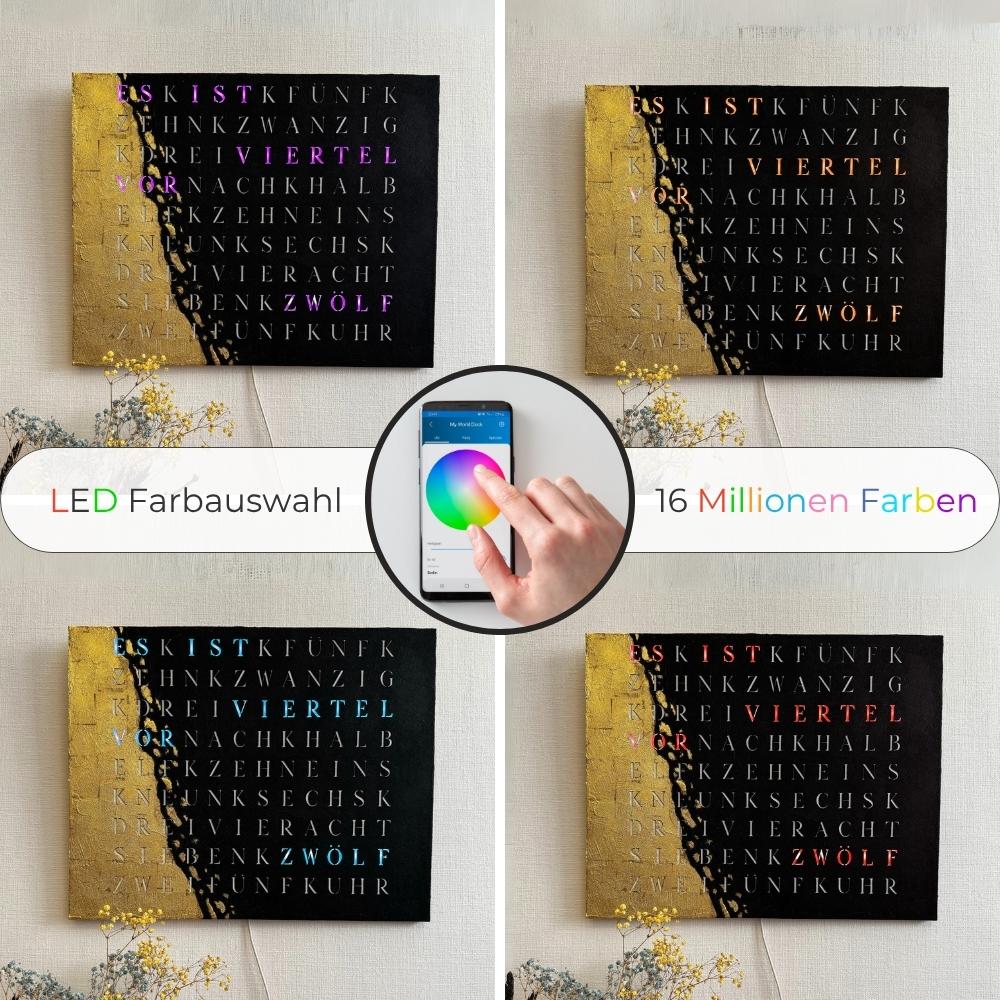 Wordclock Jupiter gelasert Schwarz mit Blattgold
