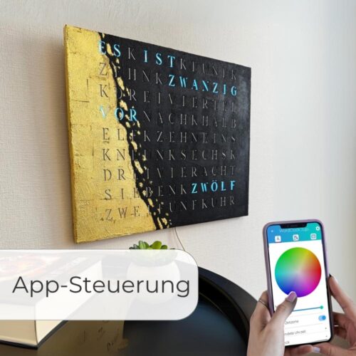 Wordclock Jupiter gelasert Schwarz mit Blattgold