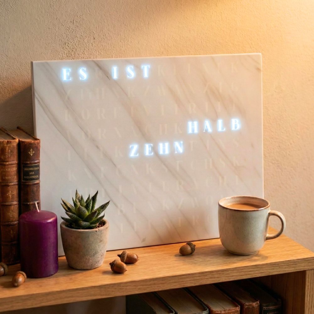 Wordclock Jupiter Weißer Marmor Optik