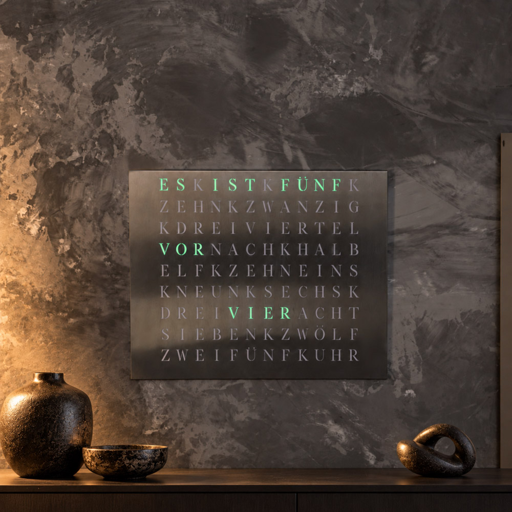 Wordclock Jupiter Brushed Stainless Steel Edition closeup
