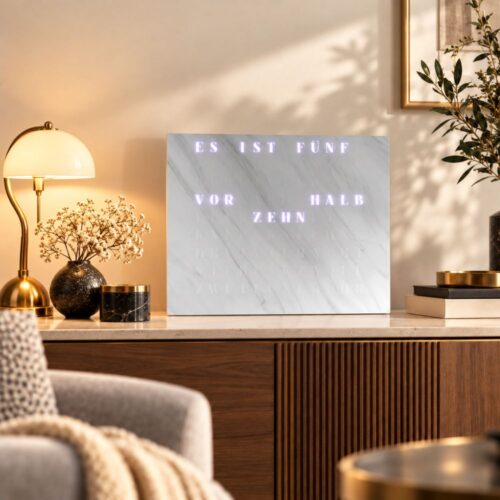 Wordclock Jupiter Phantom White Marble Edition in interior