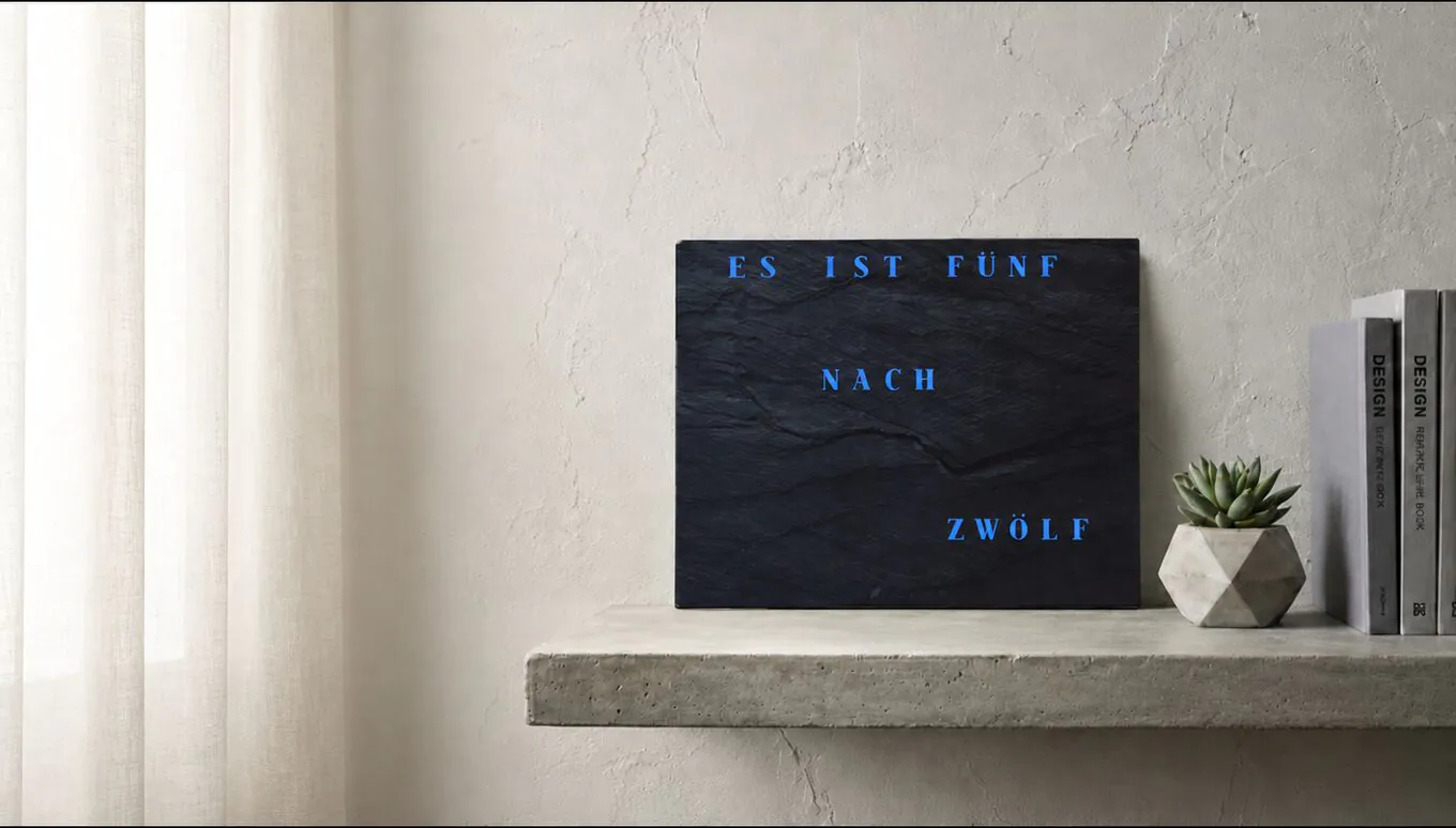 Schiefer-WordClock auf einem Wandregal
