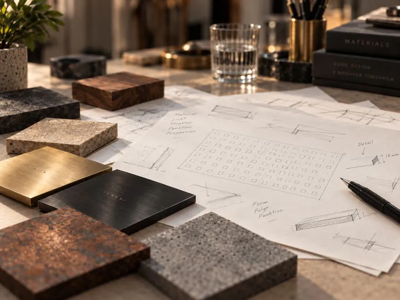 Materialmuster und Entwurfsskizzen