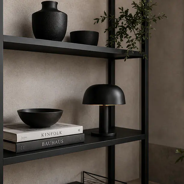 Matte black design elements on a shelf