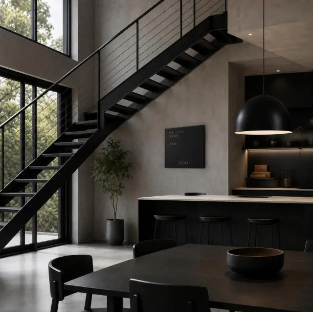 Modern living environment with black steel and stairs
