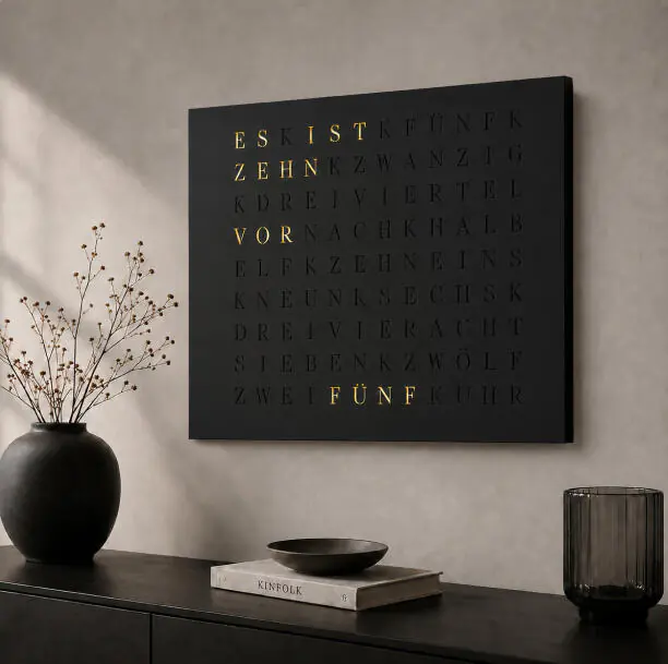The WordClock Jupiter on a wall in a minimalist room