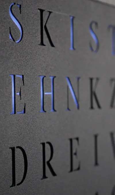 Close-up of the WordClock with blue LED illumination